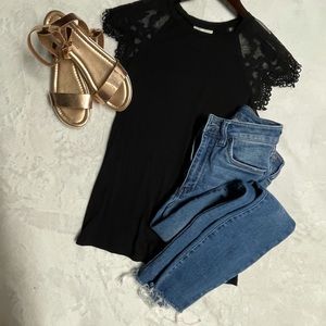 Black Teeshirt with Lace Cap Sleeve